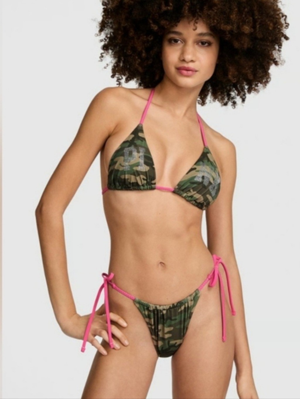 Victoria's Secret Pink 2 Piece String Bikini Camo Pink Bling Logo Size Medium